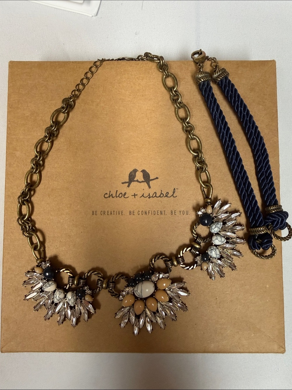 Chloe + Isabel Morningtide Gold Tone Necklace with Navy Rope and Cream Beads